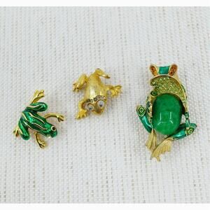 VTG Frog Brooch Green‎ Gold-Tone Cabochon Jelly Belly Rhinestone Whimsical